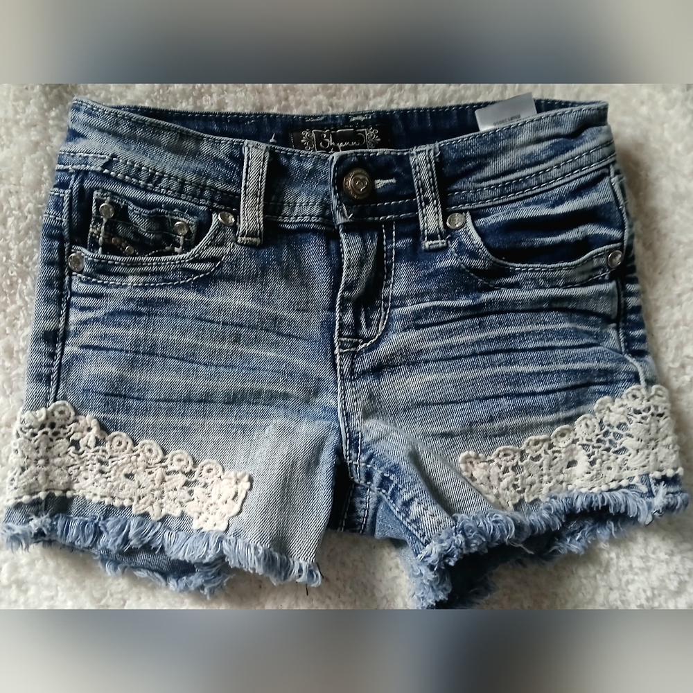 Shyanne Girls Blue Jean Shorts with White Lace Accents